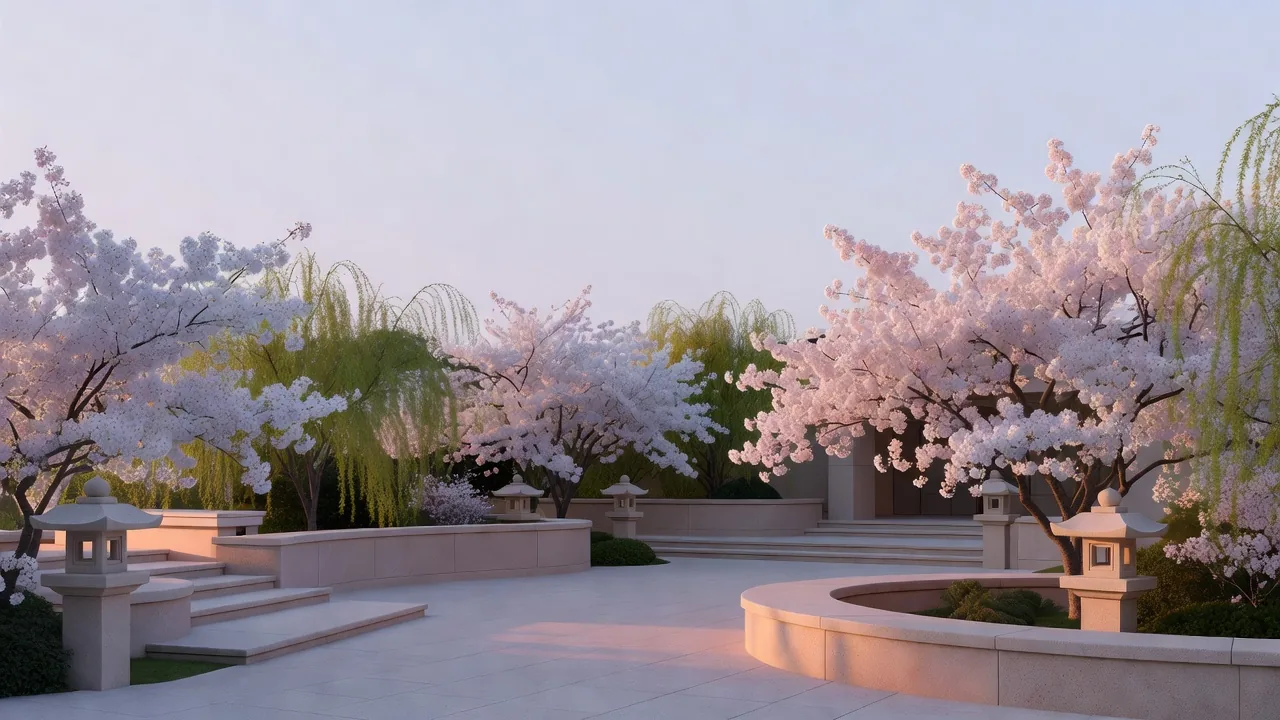 桜と石灯籠の夕暮れ